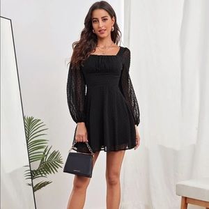 Ruched Bust Lantern Sleeve Swiss Dot Dress